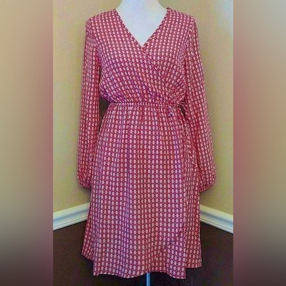 Faux Wrap ModCloth Dress Rust Red Print Long Balloon Sleeves by Fervour Small - Picture 2 of 9